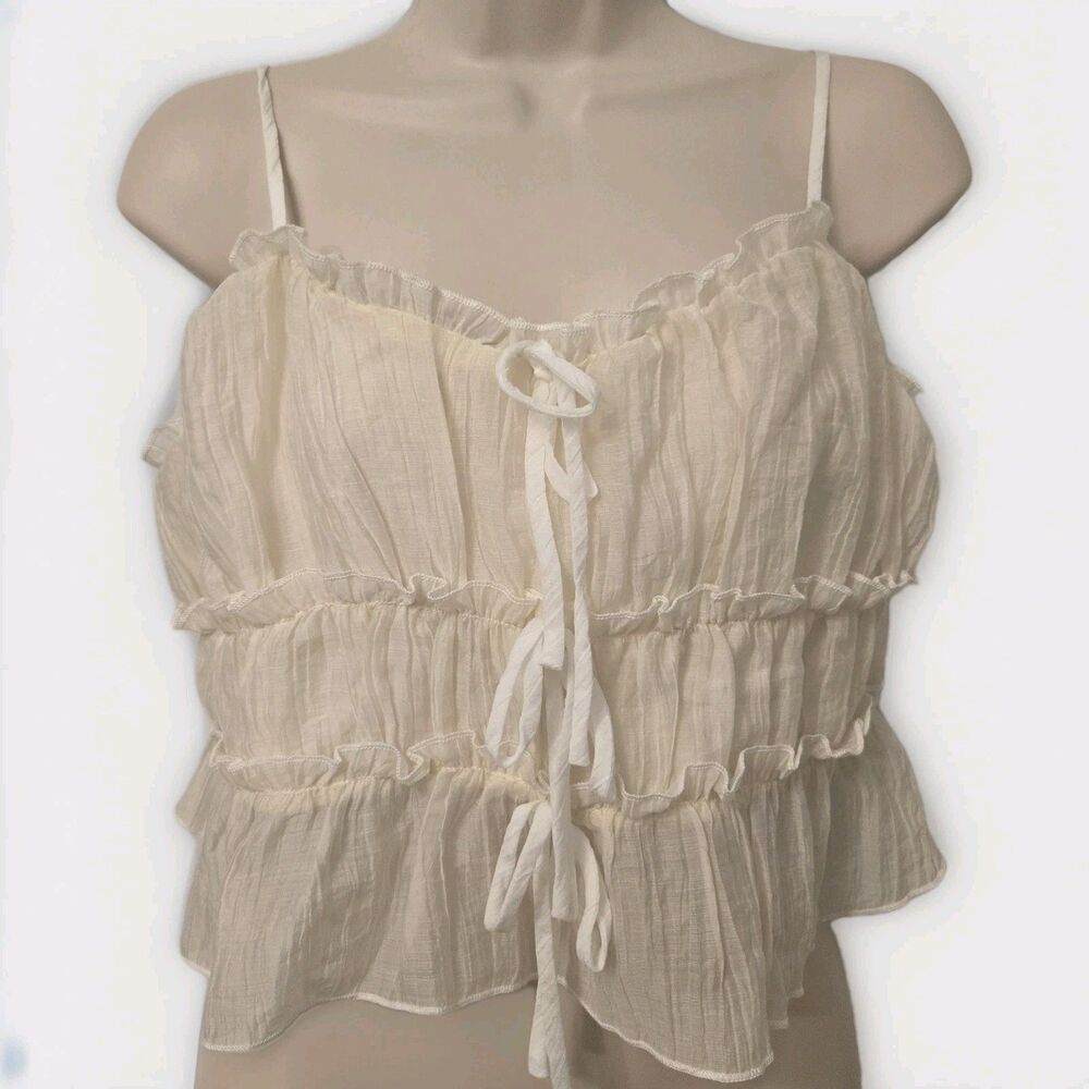 Y2K Tiered Boho Milkmaid Ruffle Cami Top XL Coquette Peasant Lace Up Romantic